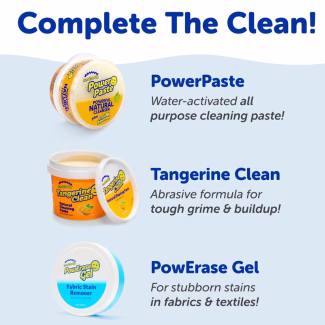 Image Description: A promotional cross-sell graphic featuring bold blue header text at the top that reads "Complete The Clean!" over a light blue background, showcasing three cleaning products stacked vertically: PowerPaste cleanser, Tangerine Clean abrasive paste, and PowErase Gel fabric stain remover, each accompanied by a descriptive text callout.