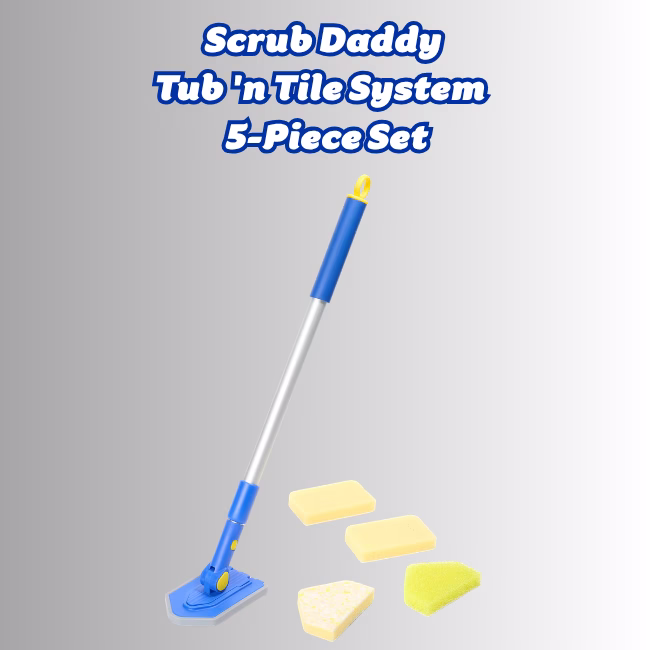 Image Description: Promotional hero image for the Scrub Daddy Tub 'n Tile System 5-Piece Set, featuring bold blue header text at the top over a neutral gradient background, showcasing a blue and silver long-handled scrubbing tool on the left alongside four interchangeable cleaning pads arranged on the right.