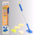 Image Description: A promotional product bundle hero image set against a neutral gradient background, showcasing the Scrub Daddy Tub 'n Tile Scrubber System box on the left alongside its contents on the right, which include an extendable long-handled blue and silver scrubber tool and four interchangeable cleaning pads.