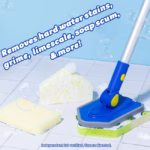 Image Description: A product infographic set against a blue tiled background with soap bubbles, featuring bold blue text at the top that reads "Removes hard water stains, grime, limescale, soap scum, & more!" alongside the Tub 'n Tile tool base and replacement pads, with fine print at the bottom reading "Independent lab verified. Use as directed."