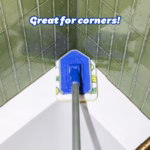Image Description: A product infographic set against green tiled corner walls and a white tub, featuring bold blue text at the top that reads "Great for corners!" pointing directly to the angled head of the Tub 'n Tile scrubbing tool fitting neatly into the corner grout lines.