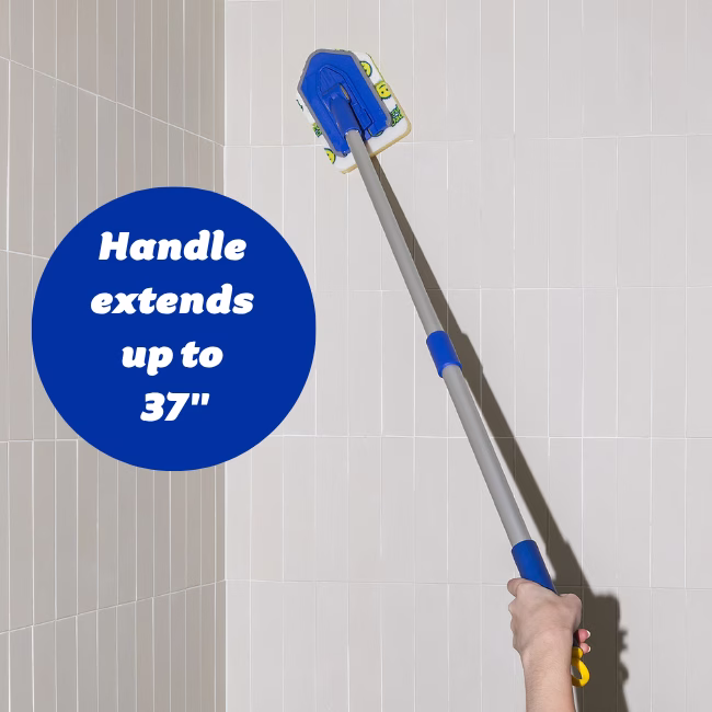 Image Description: A product infographic set against a white tiled wall background, featuring a blue circular callout that reads "Handle extends up to 37"" pointing to a hand holding the blue and silver telescoping handle of the Scrub Daddy Tub 'n Tile cleaning system.
