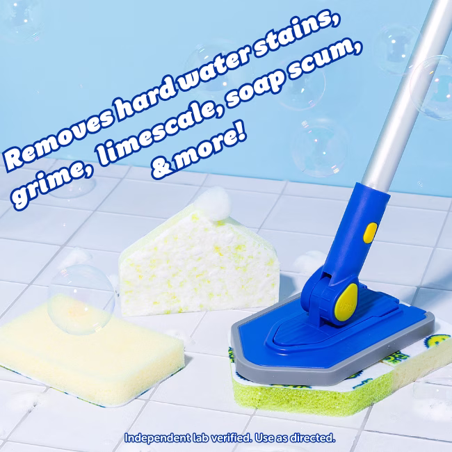 Image Description: A product infographic set against a blue tiled background with soap bubbles, featuring bold blue text at the top that reads "Removes hard water stains, grime, limescale, soap scum, & more!" alongside the Tub 'n Tile tool base and replacement pads, with fine print at the bottom reading "Independent lab verified. Use as directed."