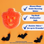 Image Description: A promotional Halloween product infographic against an orange background featuring a red-textured clown or circus-themed character sponge on the left side. On the right side, three white callout text boxes with blue checkmarks highlight key product features: "Rinses Clean Under Running Water," "Top Rack Dishwasher Safe," and "Resists Odors * for up to 12 weeks!". Three black paper bats are scattered near the bottom, alongside a disclaimer reading "Independent lab verified. Odor resistance for up to 12 weeks. Use as directed."