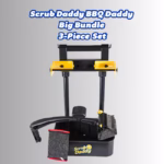 Image Description: A promotional product bundle hero image featuring bold blue text at the top that reads "Scrub Daddy BBQ Daddy Big Bundle 3-Piece Set," displayed over a neutral gradient background showcasing a black caddy storage rack with yellow accents, a BBQ Daddy grill brush, and a professional scour daddy steel
