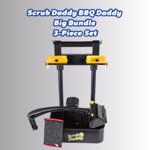 Image Description: A promotional product bundle hero image featuring bold blue text at the top that reads "Scrub Daddy BBQ Daddy Big Bundle 3-Piece Set," displayed over a neutral gradient background showcasing a black caddy storage rack with yellow accents, a BBQ Daddy grill brush, and an extra replacement head.