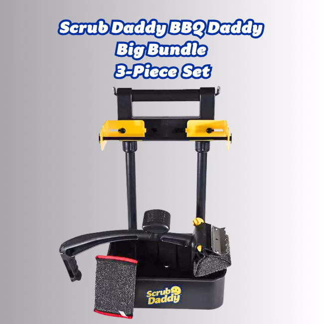Image Description: A promotional product bundle hero image featuring bold blue text at the top that reads "Scrub Daddy BBQ Daddy Big Bundle 3-Piece Set," displayed over a neutral gradient background showcasing a black caddy storage rack with yellow accents, a BBQ Daddy grill brush, and a professional scour daddy steel