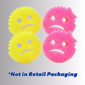 Four round Scrub Daddy sponges arranged in a two-by-two grid against a neutral gray and white background, featuring two yellow sponges on the left and two pink sponges on the right, all designed with frowns and grumpy facial expressions instead of smiles. Blue italicized text at the bottom reads "*Not in Retail Packaging".