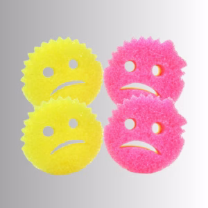 Image Description: A promotional product bundle hero image set against a neutral gradient background, showcasing a 4-pack of dual-colored Cranky Couple scrub sponges featuring two yellow and two pink sponges with frowning facial expressions.
