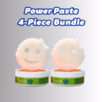 A promotional product bundle hero image featuring bold blue text at the top that reads "PowerPaste 4-Piece Bundle," displayed over a neutral gradient background with two matching sets of Scrub Daddy PowerPaste tubs paired with a smiling Scrub Mommy sponge placed on top of each.
