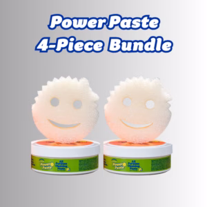 A promotional product bundle hero image featuring bold blue text at the top that reads "PowerPaste 4-Piece Bundle," displayed over a neutral gradient background with two matching sets of Scrub Daddy PowerPaste tubs paired with a smiling Scrub Mommy sponge placed on top of each.