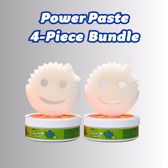 PowerPaste 2-Pack Bundle (2) A promotional product bundle hero image featuring bold blue text at the top that reads "PowerPaste 4-Piece Bundle," displayed over a neutral gradient background with two matching sets of Scrub Daddy PowerPaste tubs paired with a smiling Scrub Mommy sponge placed on top of each.