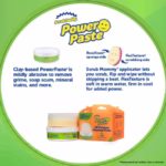Image Description: A product infographic for Scrub Daddy PowerPaste set against a green background, featuring a tub of clay-based cleaning paste and a Scrub Mommy sponge on the left with text explaining its mild abrasiveness for grime, soap scum, and mineral stains, alongside details on the right highlighting the dual-sided Scrub Mommy applicator with a ResoFoam sponge side and a FlexTexture scrubbing side.
