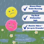 Image Description: A product features infographic set against a rainy outdoor background with flowers, featuring a yellow and a pink Cranky Couple sponge on the left and three checkmark callouts on the right detailing that they rinse clean under running water, are top-rack dishwasher safe, and resist odors for up to 12 weeks.