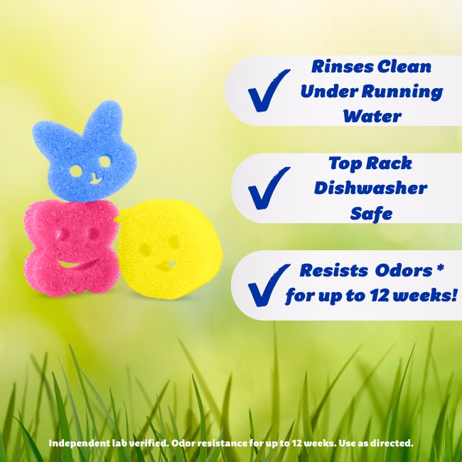 Image Description: A promotional spring product infographic against a soft green and yellow grassy background, featuring a stack of three spring-shaped sponges—a blue bunny on top, a pink flower on the bottom left, and a yellow lemon on the bottom right. On the right side, three white callout text boxes with blue checkmarks highlight key product features: "Rinses Clean Under Running Water," "Top Rack Dishwasher Safe," and "Resists Odors * for up to 12 weeks!", with a disclaimer at the bottom reading "Independent lab verified. Odor resistance for up to 12 weeks. Use as directed."