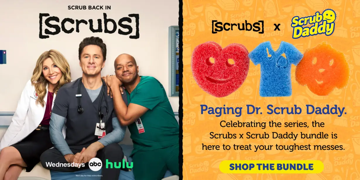 Scrubs and Scrub Daddy Promo Banner with the cast members and the Scrub Daddy Bundle
