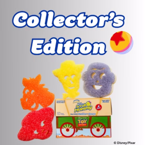 Packaging for a Scrub Mommy "Toy Story" Special Edition 4-pack, topped with large blue text that reads "Collector's Edition" alongside the iconic Pixar ball. The product box resembles a Toy Story-themed crate with wheels, and is displayed with four character-shaped scrubbers in front of it: an orange horse (Bullseye), a red character, a yellow cowboy hat shape (Woody), and a purple-textured round sponge.