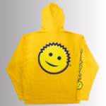 Image Description: A promotional product hero image showing the back of the bright orange Scrub Daddy hoodie set against a neutral gradient background, featuring a large yellow smiley face graphic centered on the back and yellow branding text running down the sleeve.