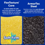 Image Description: Scrub Daddy BBQ Daddy feature graphic comparing the FlexTexture Core and ArmorTec Steel. The left side shows a close-up yellow FlexTexture foam background with text stating: "FlexTexture Core. In warm water it's soft and more absorbent. In cold water it's firm for scrubbing seriously stuck-on messes." The right side shows a close-up of dark ArmorTec stainless steel mesh with text stating: "ArmorTec Steel. Stainless steel that cuts through grime, grease and stuck-on food. Resists rust and shredding."