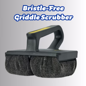 Scrub Daddy BBQ Daddy Bristle-Free Griddle Scrubber shown against a gradient grey background. The black tool features an ergonomic handle with a yellow grip stripe on top and two textured ArmorTec mesh scrubbing pads on the bottom. Bold text overlaid at the top reads: "Bristle-Free Griddle Scrubber".