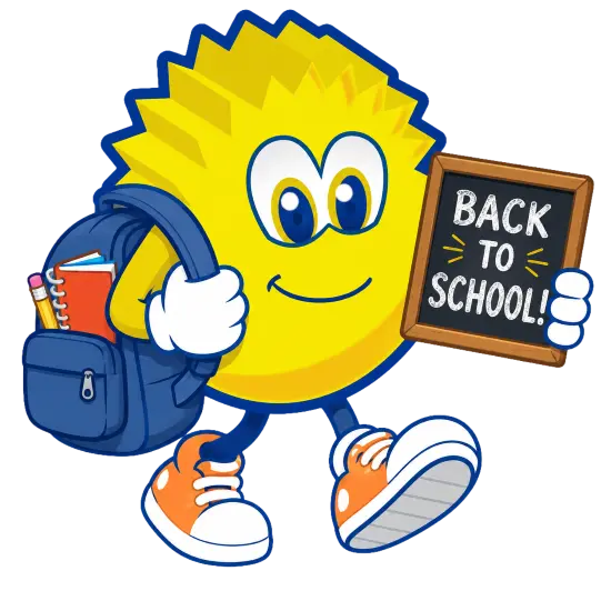 Scrub Daddy Character with a backpack holding a Back to School sign