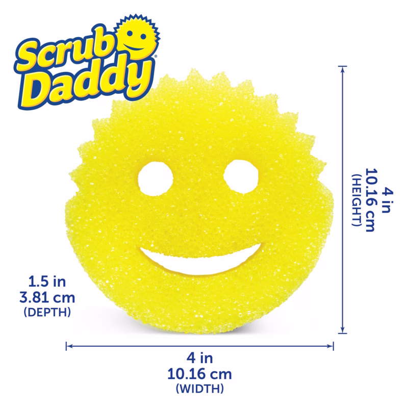 Image Description: A yellow Original Scrub Daddy sponge isolated on a white background with measurement lines indicating its size. The height is marked as 4 in (10.16 cm), the width as 4 in (10.16 cm), and the depth as 1.5 in (3.81 cm). The blue and yellow Scrub Daddy logo is located in the top left corner.