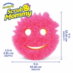 Image Description: A pink, smiling Scrub Mommy sponge isolated on a white background with measurement lines. The height is marked as 4 in (10.16 cm), the width as 4 in (10.16 cm), and the depth as 1.5 in (3.81 cm). The blue and yellow Scrub Daddy logo with the words "Scrub Mommy" is in the top left corner.