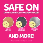 A bright pink graphic with white text reading, "SAFE ON COMMON HOUSEHOLD SURFACES*". Below are three circular cutouts showing the Scrub Mommy sponge resting on different materials, labeled "WOOD TEXTURE", "NONSTICK COATING", and "STAINLESS STEEL". Large text at the bottom reads "AND MORE!" with a small disclaimer, "*Independent lab verified. Use as directed."