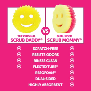 A comparison chart with a pink background. The left column shows "THE ORIGINAL SCRUB DADDY®" and the right column shows the "DUAL-SIDED SCRUB MOMMY®". A checklist shows both sponges share the features: Scratch-Free, Resists Odors, Rinses Clean, and Flextexture®. Only the Scrub Mommy has checkmarks for Resofoam®, Dual-Sided, and Highly Absorbent.