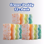 Image Description: A product display featuring an array of 12 Eraser Daddy dual-sided pads arranged in rows against a neutral gradient background, with bold white header text at the top that reads "Eraser Daddy 12-Pack."