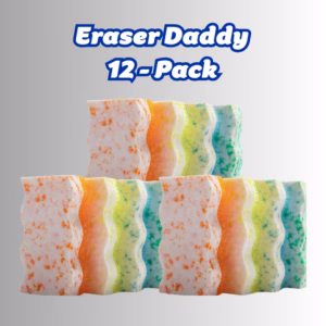 Image Description: A product display featuring an array of 12 Eraser Daddy dual-sided pads arranged in rows against a neutral gradient background, with bold white header text at the top that reads "Eraser Daddy 12-Pack."