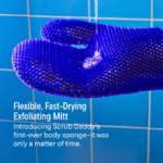 Image Description: A product feature infographic set against a blue tiled background, featuring the blue exfoliating mitt under a stream of water, highlighting "Flexible, Fast-Drying Exfoliating Mitt" and Scrub Daddy's body sponge debut.