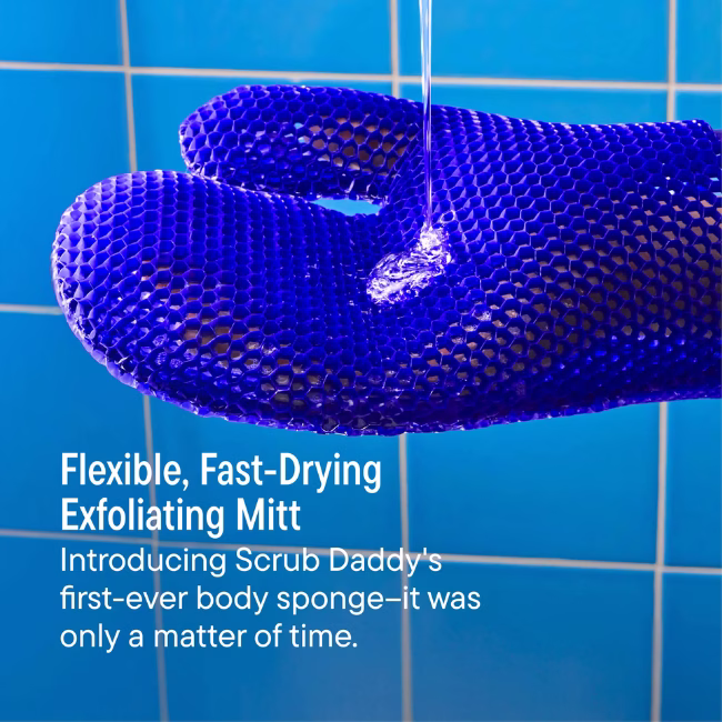 Image Description: A product feature infographic set against a blue tiled background, featuring the blue exfoliating mitt under a stream of water, highlighting "Flexible, Fast-Drying Exfoliating Mitt" and Scrub Daddy's body sponge debut.