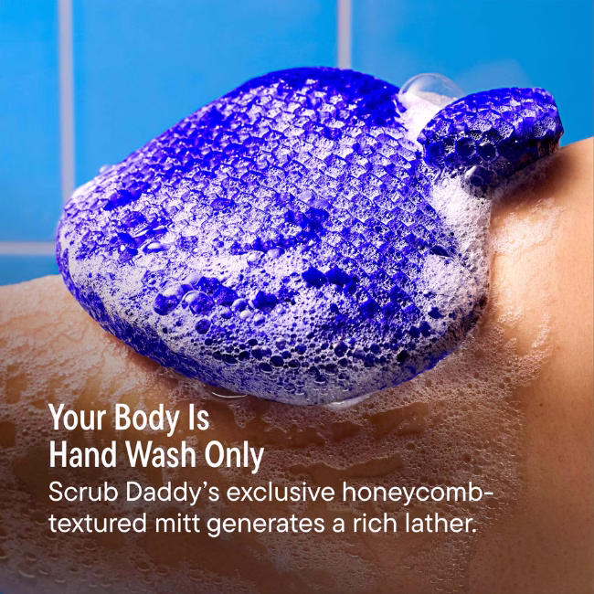 : Image Description: A product feature infographic set against a blue tiled background, showing the soapy blue exfoliating mitt on skin, highlighting "Your Body Is Hand Wash Only" and the exclusive honeycomb-textured lather.