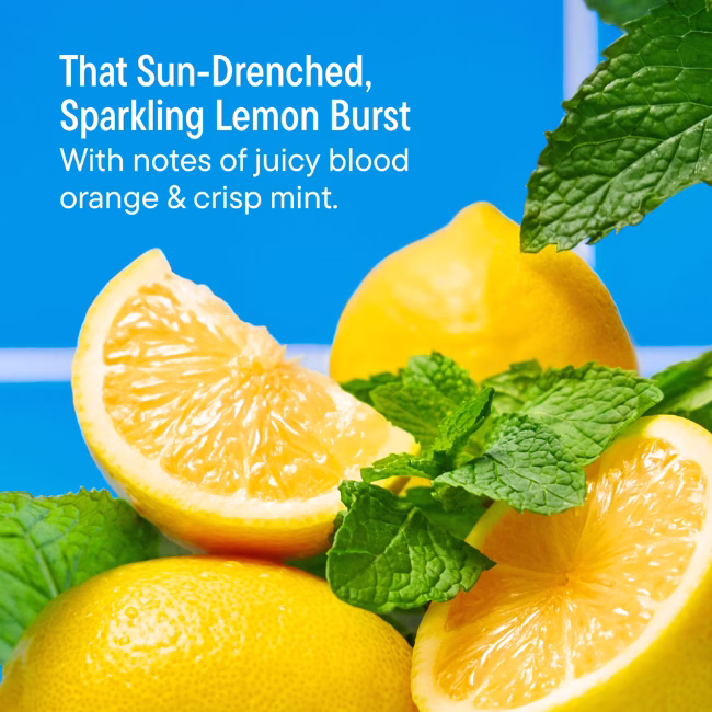 Image Description: A product feature infographic set against a blue tiled background, showcasing fresh yellow lemon slices and mint leaves, highlighting "That Sun-Drenched, Sparkling Lemon Burst" with notes of juicy blood orange and crisp mint.