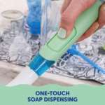 Image Description: A product feature photo showing a hand demonstrating the one-touch soap dispensing button on the light green Scrub Baby wand.