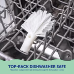 Image Description: A product care demonstration photo showing the bristle brush head placed securely on the top rack of a dishwasher.