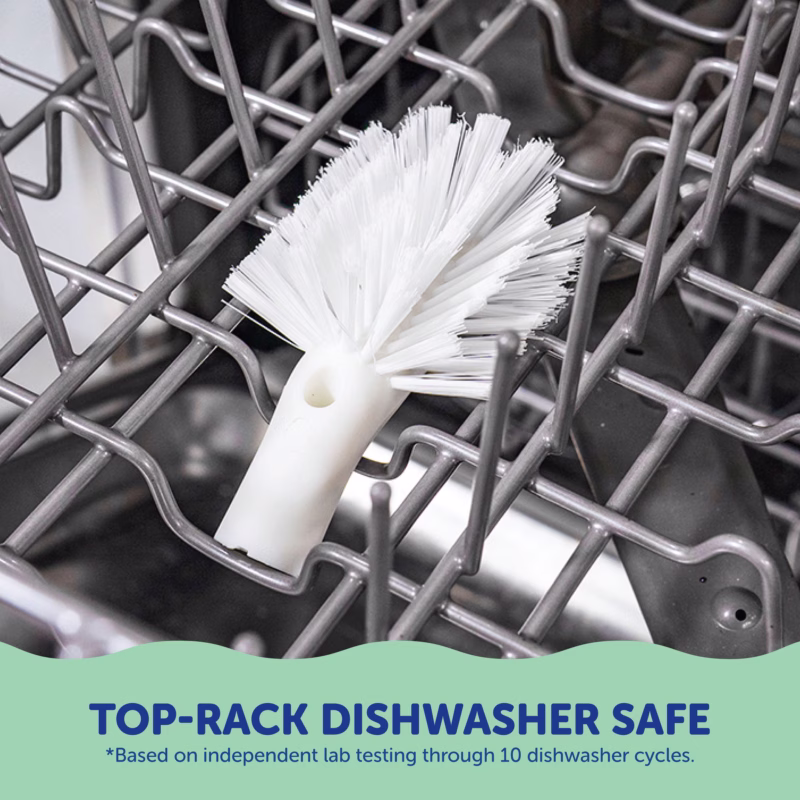 Image Description: A product care demonstration photo showing the bristle brush head placed securely on the top rack of a dishwasher.