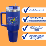 Image Description: A product feature infographic set against an orange background, showcasing the royal blue Scrub Daddy travel tumbler on the left next to four white callout pills on the right with blue checkmarks, highlighting "Stainless Steel", "Double-Wall Vacuum Insulation", "Dishwasher Safe", and "Car Cup Holder Compatible".