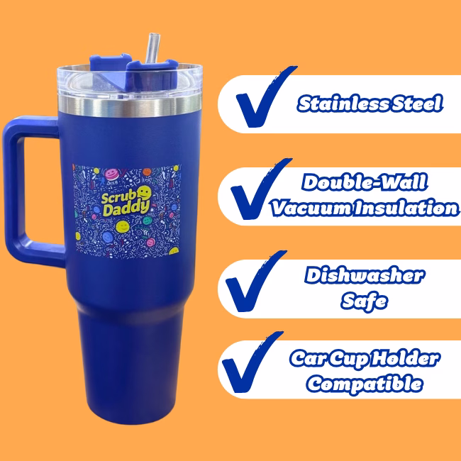 Image Description: A product feature infographic set against an orange background, showcasing the royal blue Scrub Daddy travel tumbler on the left next to four white callout pills on the right with blue checkmarks, highlighting "Stainless Steel", "Double-Wall Vacuum Insulation", "Dishwasher Safe", and "Car Cup Holder Compatible".